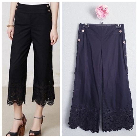 Anthropologie Elevenses Black Eyelet Hem Wide Leg Pants - Picture 1 of 10